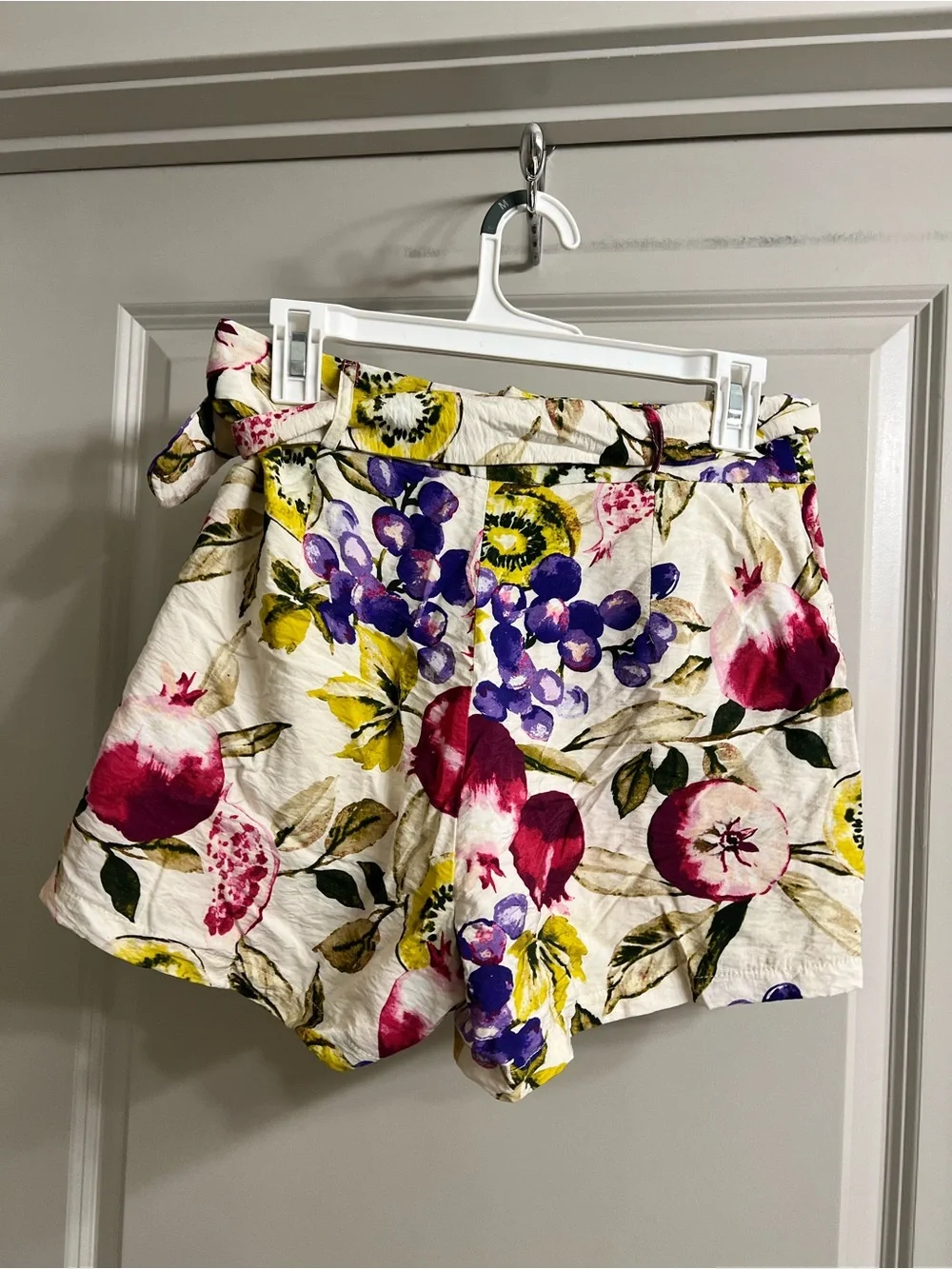 Fruit Print Paperbag Waist Shorts with Woven Belt